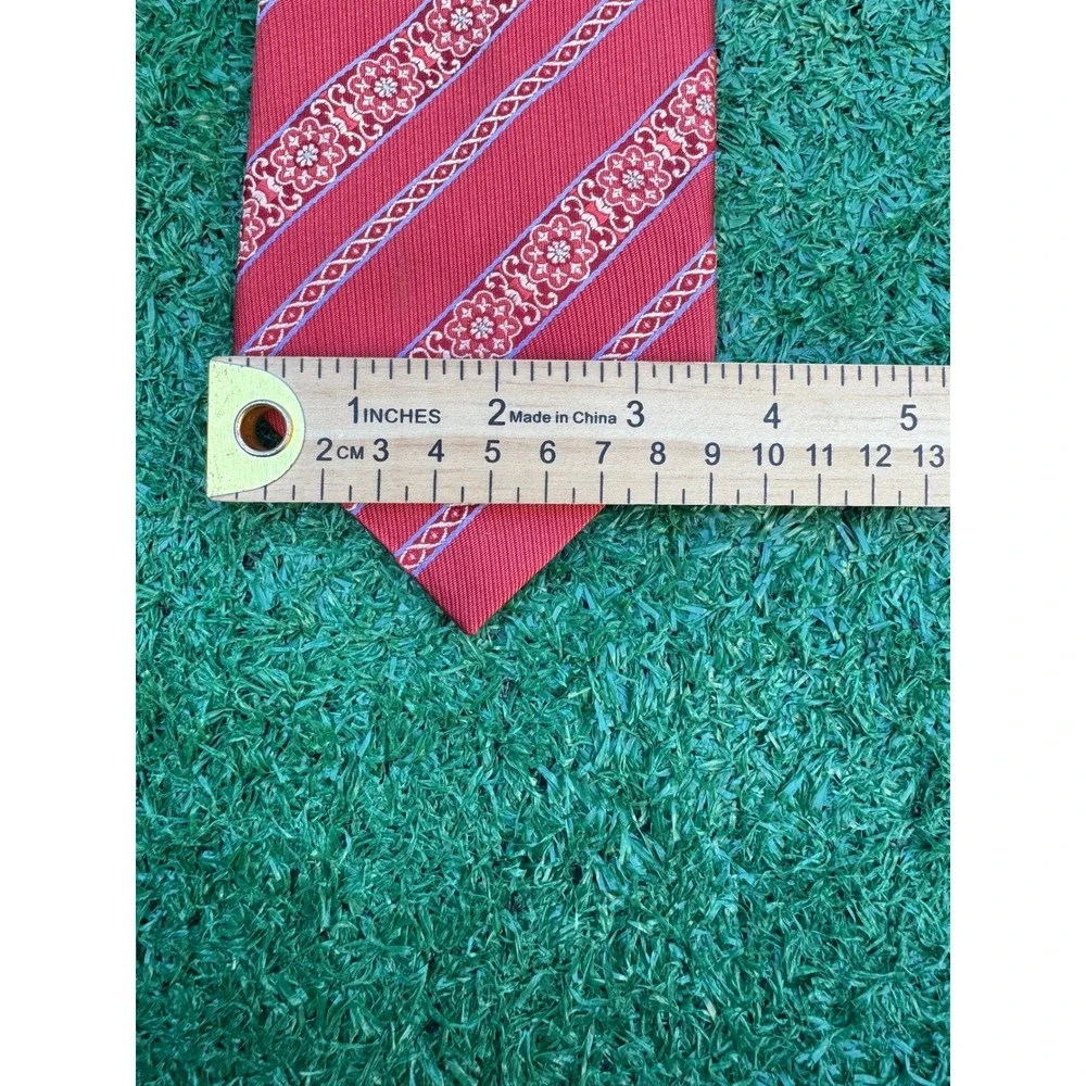 Canali Mens Red Silk Geometric Floral Striped Necktie Made in Italy‎